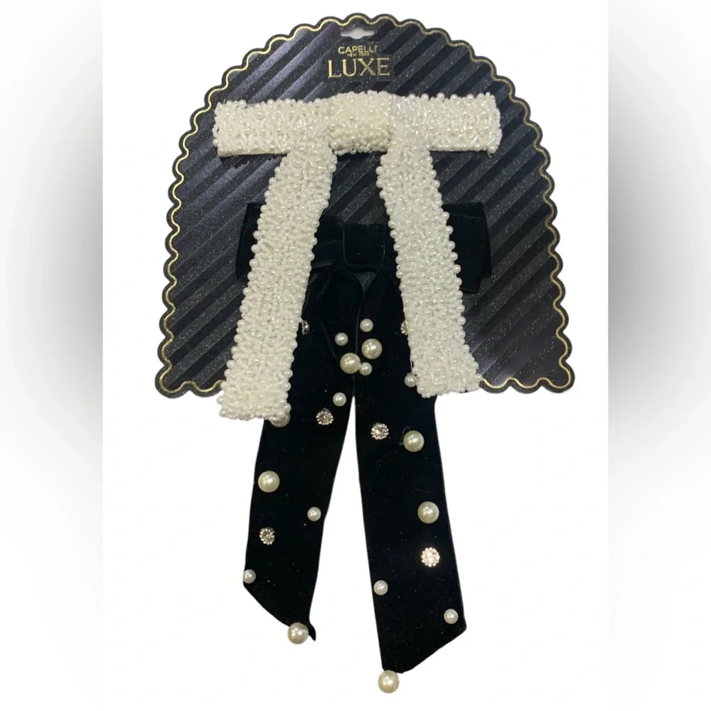 Set Of 2 Hair Clip Bows Capelil NY Lux White Pearl Black Velvet Rhinestones